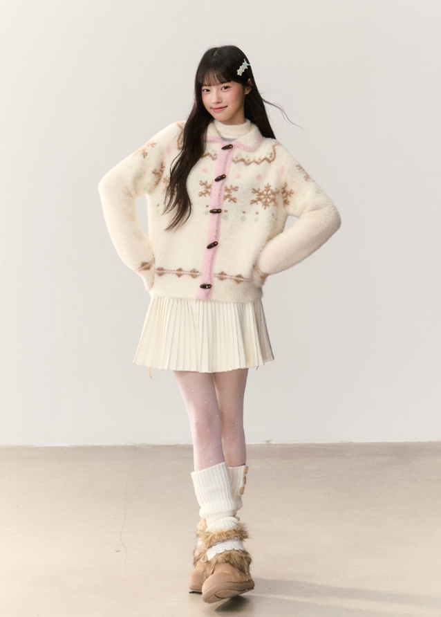 snowflake cardigan, fair isle cardigan, korean style knit sweater, soft fluffy cardigan, winter fuzzy sweater, imitation mink knit, cute korean cardigan, umoumo sweater, soft girl winter outfit, fair isle snowflake knit, cozy winter cardigan, kawaii winter cardigan, feminine knit top, warm fluffy jacket, korean fashion aw 2025