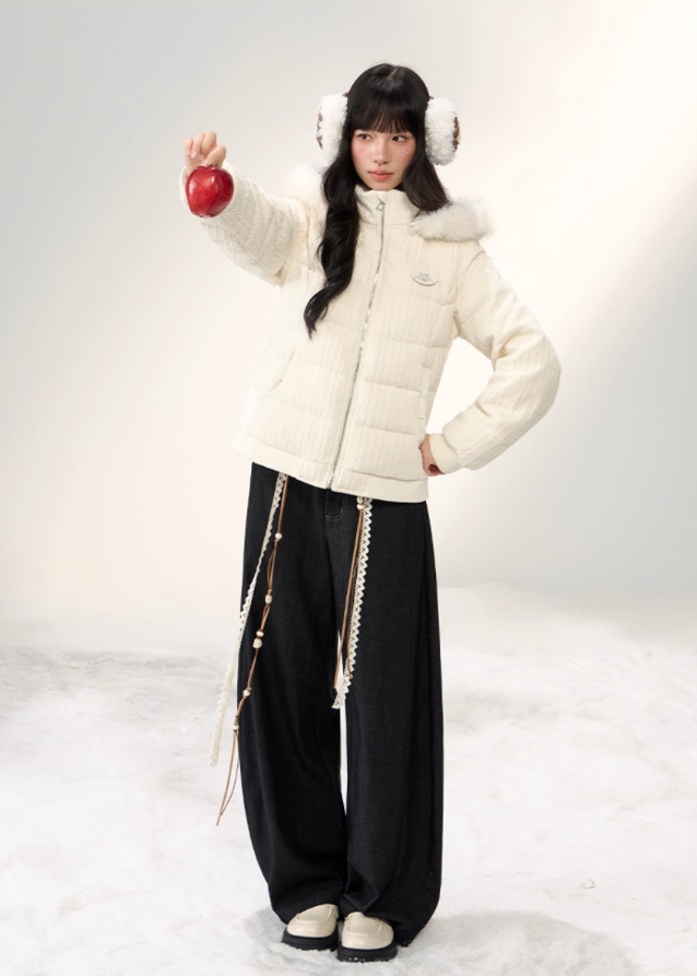 down jacket women, fur collar down jacket, Korean style puffer coat, winter warm hooded jacket, cable knit patchwork coat, soft wool puffer, feminine winter jacket, cute Korean jacket, fluffy hooded down coat, umoumo jacket, winter outerwear women, white down jacket, soft girl winter coat, warm puffer jacket women