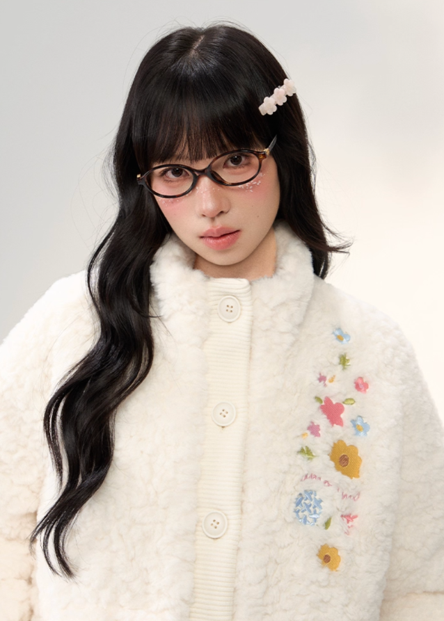 umoumo floral embroidery coat, embroidered fleece jacket women, korean cute fur jacket, stand collar fur coat, winter fuzzy jacket women, feminine korean style outerwear, soft warm sherpa coat, knitted panel embroidery jacket, kawaii winter coat, cozy floral fur jacket, pastel korean jacket, winter fashion 2025 women
