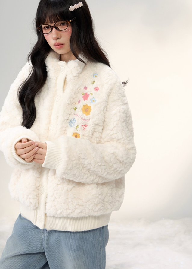 umoumo floral embroidery coat, embroidered fleece jacket women, korean cute fur jacket, stand collar fur coat, winter fuzzy jacket women, feminine korean style outerwear, soft warm sherpa coat, knitted panel embroidery jacket, kawaii winter coat, cozy floral fur jacket, pastel korean jacket, winter fashion 2025 women
