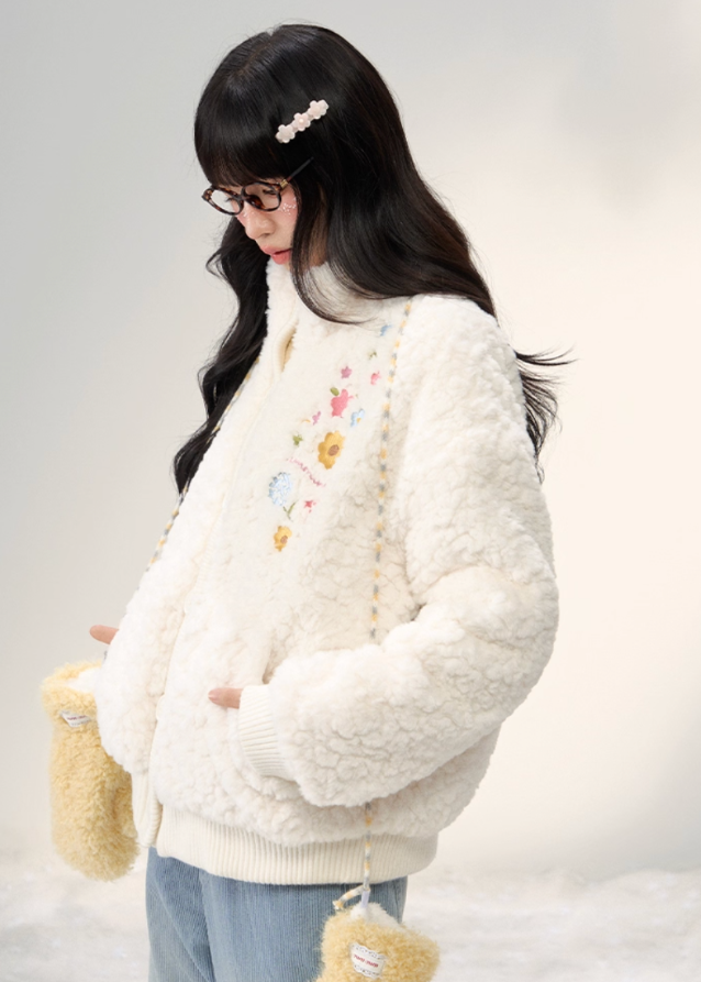 umoumo floral embroidery coat, embroidered fleece jacket women, korean cute fur jacket, stand collar fur coat, winter fuzzy jacket women, feminine korean style outerwear, soft warm sherpa coat, knitted panel embroidery jacket, kawaii winter coat, cozy floral fur jacket, pastel korean jacket, winter fashion 2025 women
