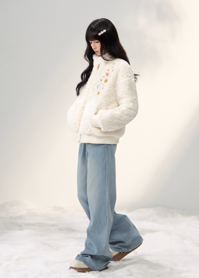 umoumo floral embroidery coat, embroidered fleece jacket women, korean cute fur jacket, stand collar fur coat, winter fuzzy jacket women, feminine korean style outerwear, soft warm sherpa coat, knitted panel embroidery jacket, kawaii winter coat, cozy floral fur jacket, pastel korean jacket, winter fashion 2025 women
