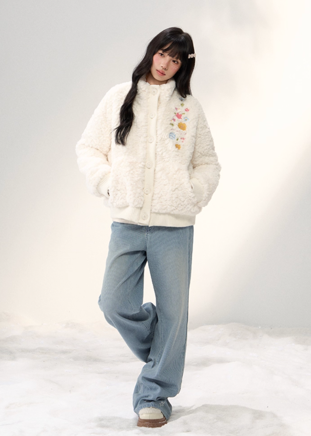 umoumo floral embroidery coat, embroidered fleece jacket women, korean cute fur jacket, stand collar fur coat, winter fuzzy jacket women, feminine korean style outerwear, soft warm sherpa coat, knitted panel embroidery jacket, kawaii winter coat, cozy floral fur jacket, pastel korean jacket, winter fashion 2025 women
