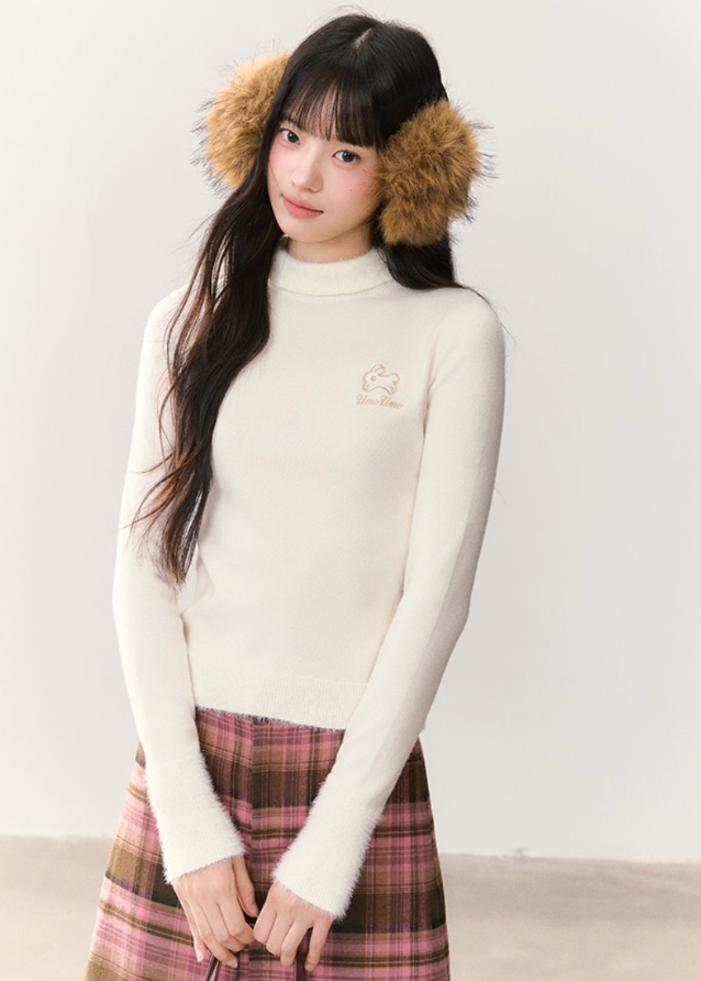 Korean soft knit sweater, bunny embroidery sweater, rabbit embroidered top, imitation mink sweater, women’s semi-turtleneck knit, soft glutinous knitwear, Korean feminine style sweater, winter warm knit top, cute rabbit sweater Korea, UMOUUMO knitwear, soft girl aesthetic top, cozy winter layering sweater, slim fit warm knit for women, kawaii Korean sweater