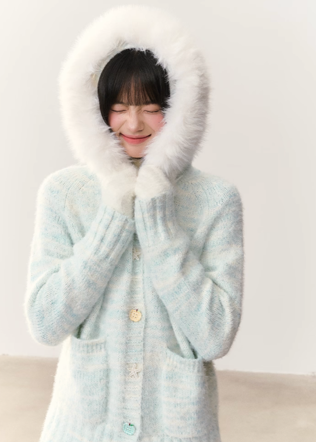 fresh ocean cardigan, blue white gradient knit, fur collar hooded cardigan, plush winter sweater, cozy fluffy hood jacket, soft fuzzy knitwear, umoumo winter collection, Korean girly cardigan, kawaii fur hood sweater, gradient plush cardigan, warm winter knit hoodie, fluffy collar cardigan, women’s soft knit jacket
