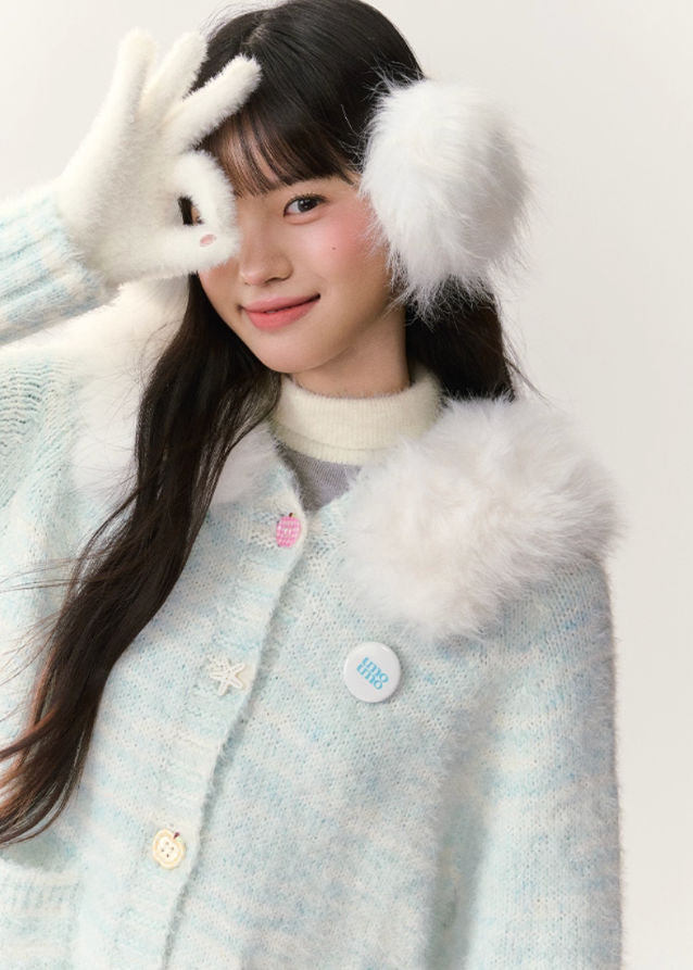 fresh ocean cardigan, blue white gradient knit, fur collar hooded cardigan, plush winter sweater, cozy fluffy hood jacket, soft fuzzy knitwear, umoumo winter collection, Korean girly cardigan, kawaii fur hood sweater, gradient plush cardigan, warm winter knit hoodie, fluffy collar cardigan, women’s soft knit jacket