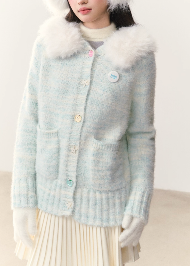 fresh ocean cardigan, blue white gradient knit, fur collar hooded cardigan, plush winter sweater, cozy fluffy hood jacket, soft fuzzy knitwear, umoumo winter collection, Korean girly cardigan, kawaii fur hood sweater, gradient plush cardigan, warm winter knit hoodie, fluffy collar cardigan, women’s soft knit jacket