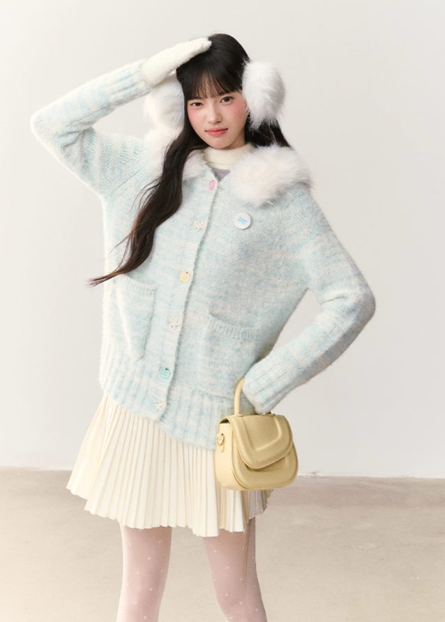 fresh ocean cardigan, blue white gradient knit, fur collar hooded cardigan, plush winter sweater, cozy fluffy hood jacket, soft fuzzy knitwear, umoumo winter collection, Korean girly cardigan, kawaii fur hood sweater, gradient plush cardigan, warm winter knit hoodie, fluffy collar cardigan, women’s soft knit jacket