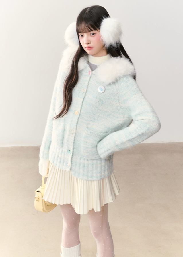 fresh ocean cardigan, blue white gradient knit, fur collar hooded cardigan, plush winter sweater, cozy fluffy hood jacket, soft fuzzy knitwear, umoumo winter collection, Korean girly cardigan, kawaii fur hood sweater, gradient plush cardigan, warm winter knit hoodie, fluffy collar cardigan, women’s soft knit jacket