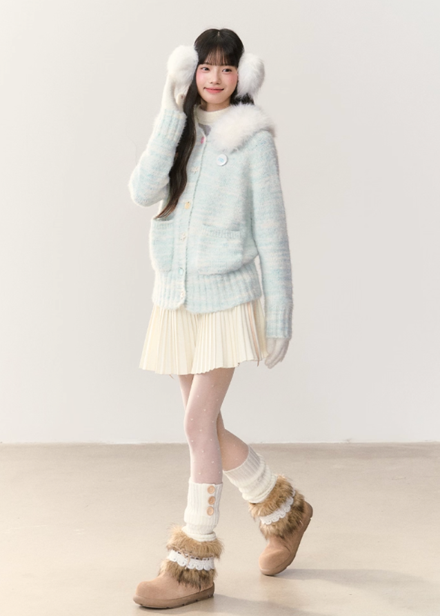fresh ocean cardigan, blue white gradient knit, fur collar hooded cardigan, plush winter sweater, cozy fluffy hood jacket, soft fuzzy knitwear, umoumo winter collection, Korean girly cardigan, kawaii fur hood sweater, gradient plush cardigan, warm winter knit hoodie, fluffy collar cardigan, women’s soft knit jacket