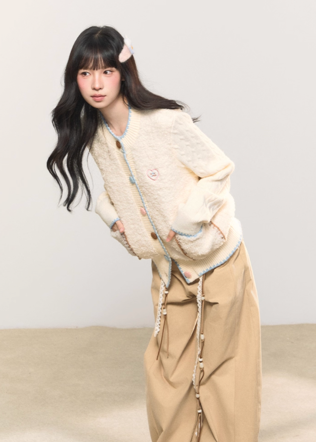 retro pastel cardigan, sweet contrast knit, colorful button cardigan, Korean girly fashion, AW knitwear, fluffy cream knit, soft cozy retro sweater, umoumo aesthetic, girly pastel cardigan, contrast trim knit jacket, embroidered heart cardigan, autumn winter Korean style, warm woolen cardigan girl, pastel cable knit, cute trendy knitwear, Fragileheart soft mood, cozy cute cardigan, pastel colorblock knit top, Korean sweet girl outfit