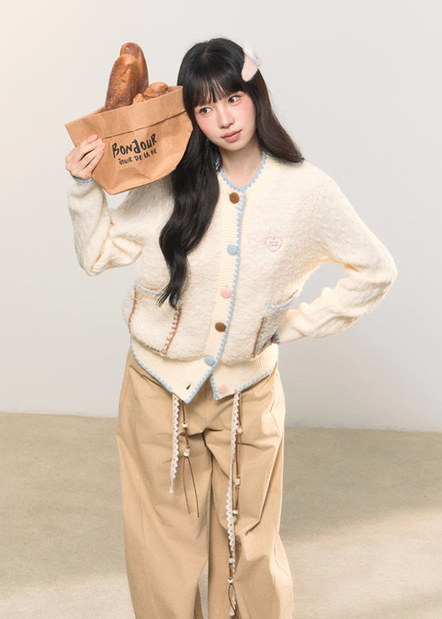 retro pastel cardigan, sweet contrast knit, colorful button cardigan, Korean girly fashion, AW knitwear, fluffy cream knit, soft cozy retro sweater, umoumo aesthetic, girly pastel cardigan, contrast trim knit jacket, embroidered heart cardigan, autumn winter Korean style, warm woolen cardigan girl, pastel cable knit, cute trendy knitwear, Fragileheart soft mood, cozy cute cardigan, pastel colorblock knit top, Korean sweet girl outfit