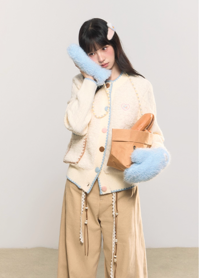 retro pastel cardigan, sweet contrast knit, colorful button cardigan, Korean girly fashion, AW knitwear, fluffy cream knit, soft cozy retro sweater, umoumo aesthetic, girly pastel cardigan, contrast trim knit jacket, embroidered heart cardigan, autumn winter Korean style, warm woolen cardigan girl, pastel cable knit, cute trendy knitwear, Fragileheart soft mood, cozy cute cardigan, pastel colorblock knit top, Korean sweet girl outfit