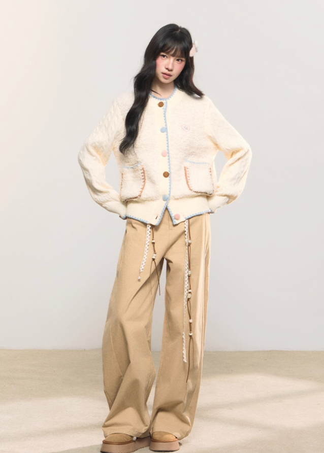 retro pastel cardigan, sweet contrast knit, colorful button cardigan, Korean girly fashion, AW knitwear, fluffy cream knit, soft cozy retro sweater, umoumo aesthetic, girly pastel cardigan, contrast trim knit jacket, embroidered heart cardigan, autumn winter Korean style, warm woolen cardigan girl, pastel cable knit, cute trendy knitwear, Fragileheart soft mood, cozy cute cardigan, pastel colorblock knit top, Korean sweet girl outfit