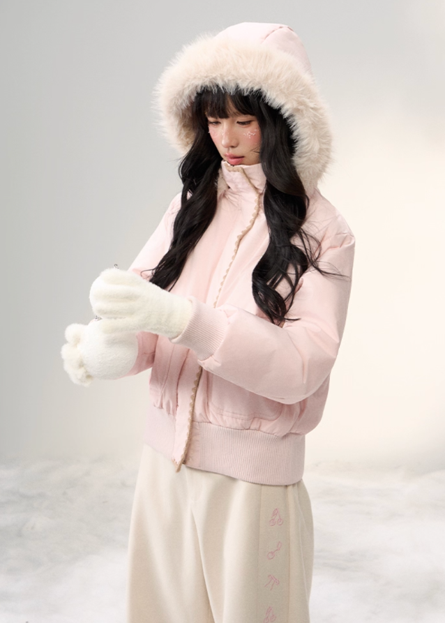 pastel down jacket, fluffy fur collar jacket, Korean girly winter coat, AW warm puffer, soft pastel outerwear, umoumo aesthetic jacket, contrast shell puffer, cozy hooded down jacket, cute winter puffer coat, feminine Korean fashion, cloud blue puffer, baby pink winter jacket, slim waist down coat, warm fluffy hood jacket, Fragileheart soft mood, girly pastel winter outfit, fluffy trim puffer, winter kawaii jacket, Korean sweet girl style