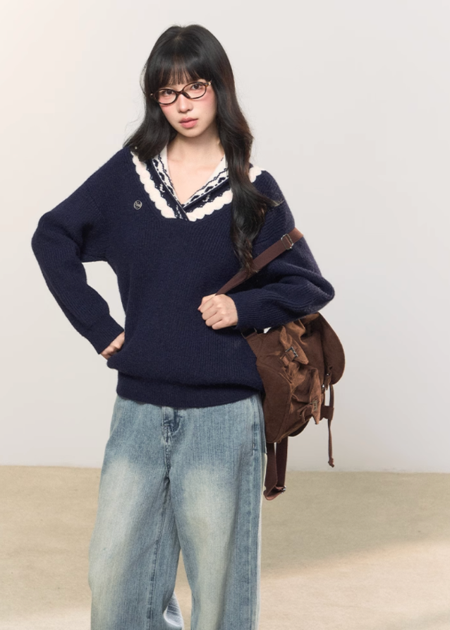 fair isle jacquard sweater, dual neckline knit top, off shoulder knit sweater, Korean girly knit, AW cozy pullover, umoumo soft knit, fair isle winter knitwear, feminine Korean sweater, v-neck jacquard knit, slouchy cute knit top, navy fair isle sweater, yellow winter knit, girly warm sweater, versatile neckline knit, Fragileheart aesthetic, cozy street girl look, soft winter knit fashion, Korean cute off shoulder style