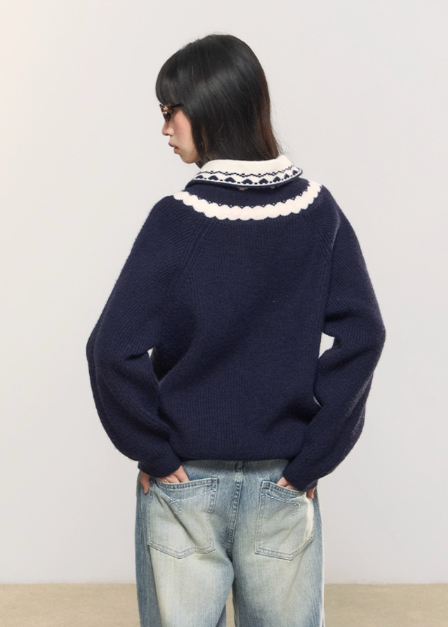 fair isle jacquard sweater, dual neckline knit top, off shoulder knit sweater, Korean girly knit, AW cozy pullover, umoumo soft knit, fair isle winter knitwear, feminine Korean sweater, v-neck jacquard knit, slouchy cute knit top, navy fair isle sweater, yellow winter knit, girly warm sweater, versatile neckline knit, Fragileheart aesthetic, cozy street girl look, soft winter knit fashion, Korean cute off shoulder style