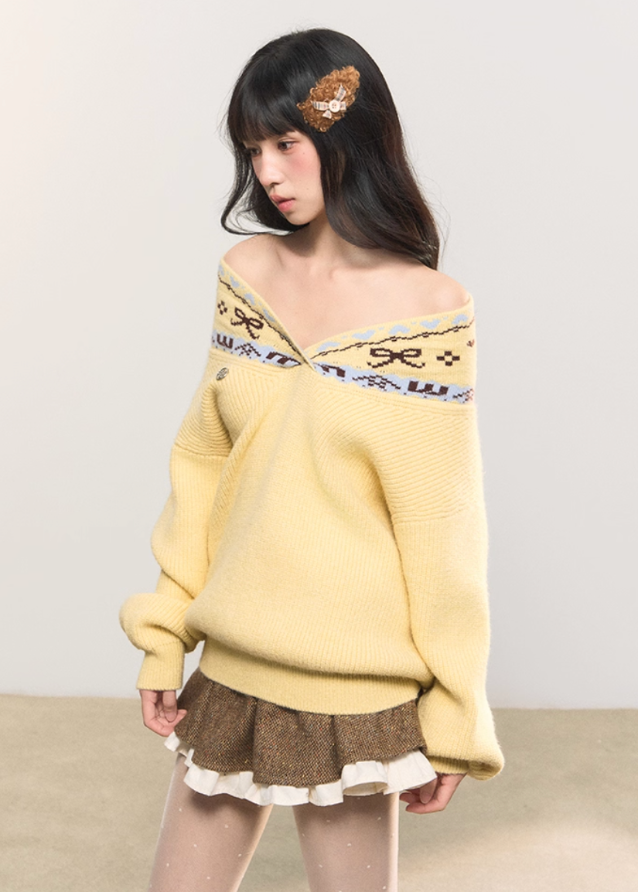 fair isle jacquard sweater, dual neckline knit top, off shoulder knit sweater, Korean girly knit, AW cozy pullover, umoumo soft knit, fair isle winter knitwear, feminine Korean sweater, v-neck jacquard knit, slouchy cute knit top, navy fair isle sweater, yellow winter knit, girly warm sweater, versatile neckline knit, Fragileheart aesthetic, cozy street girl look, soft winter knit fashion, Korean cute off shoulder style