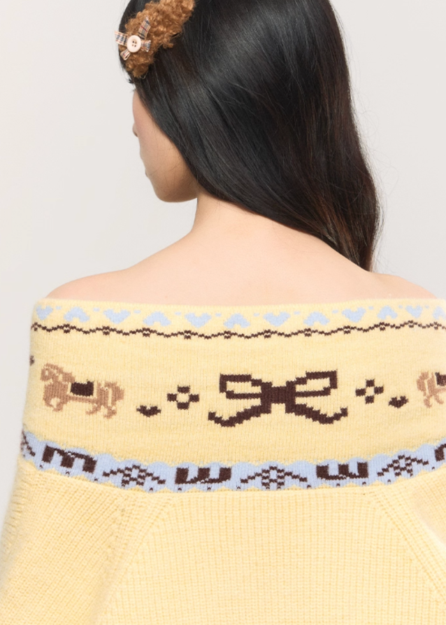 fair isle jacquard sweater, dual neckline knit top, off shoulder knit sweater, Korean girly knit, AW cozy pullover, umoumo soft knit, fair isle winter knitwear, feminine Korean sweater, v-neck jacquard knit, slouchy cute knit top, navy fair isle sweater, yellow winter knit, girly warm sweater, versatile neckline knit, Fragileheart aesthetic, cozy street girl look, soft winter knit fashion, Korean cute off shoulder style