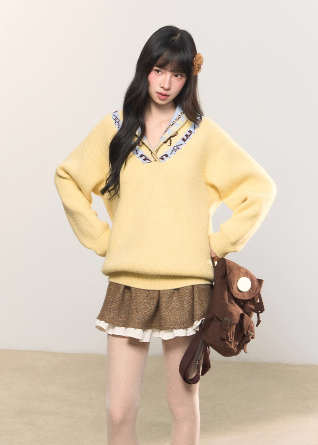 fair isle jacquard sweater, dual neckline knit top, off shoulder knit sweater, Korean girly knit, AW cozy pullover, umoumo soft knit, fair isle winter knitwear, feminine Korean sweater, v-neck jacquard knit, slouchy cute knit top, navy fair isle sweater, yellow winter knit, girly warm sweater, versatile neckline knit, Fragileheart aesthetic, cozy street girl look, soft winter knit fashion, Korean cute off shoulder style