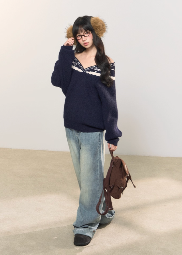 fair isle jacquard sweater, dual neckline knit top, off shoulder knit sweater, Korean girly knit, AW cozy pullover, umoumo soft knit, fair isle winter knitwear, feminine Korean sweater, v-neck jacquard knit, slouchy cute knit top, navy fair isle sweater, yellow winter knit, girly warm sweater, versatile neckline knit, Fragileheart aesthetic, cozy street girl look, soft winter knit fashion, Korean cute off shoulder style