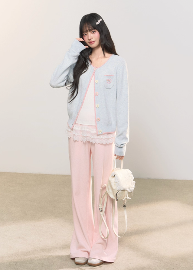 pastel cardigan, heart embroidery knit, contrast trim sweater, Korean girly fashion, AW soft knitwear, umoumo aesthetic cardigan, sweet colored yarn knit, pastel blue cardigan, cute heart badge knit, feminine Korean outfit, loose cozy knit jacket, pink button cardigan, soft winter knit, Fragileheart aesthetic, girly pastel style, cute short cardigan, warm autumn winter knit top, Korean cute girl sweater