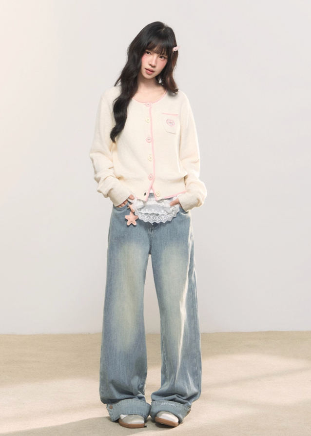 pastel cardigan, heart embroidery knit, contrast trim sweater, Korean girly fashion, AW soft knitwear, umoumo aesthetic cardigan, sweet colored yarn knit, pastel blue cardigan, cute heart badge knit, feminine Korean outfit, loose cozy knit jacket, pink button cardigan, soft winter knit, Fragileheart aesthetic, girly pastel style, cute short cardigan, warm autumn winter knit top, Korean cute girl sweater