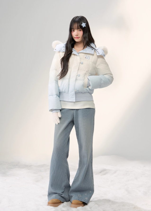 pastel gradient down jacket, star print puffer, fluffy fur collar coat, Korean girly winter wear, AW pastel outerwear, umoumo aesthetic down jacket, soft cloud blue puffer, cute winter hooded jacket, warm fluffy fur hood coat, dreamy pastel winter style, girly cozy down coat, star full-print jacket, Fragileheart soft aesthetic, sweet gradient puffer, warm winter kawaii jacket, Korean cute girl fashion, 90 white duck down jacket, fluffy big collar puffer