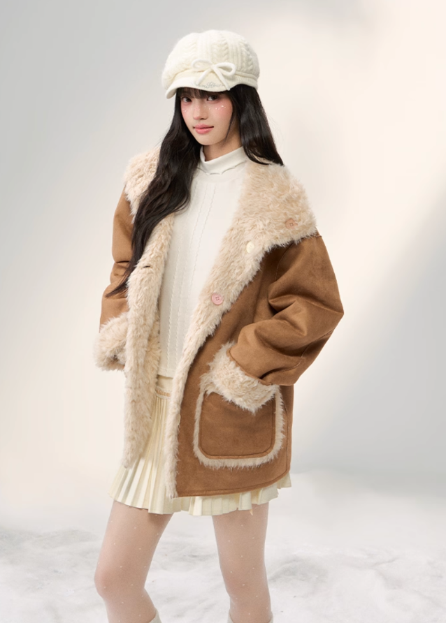 sweet suede patchwork coat, fluffy panel lapel jacket, colorful buckle coat, Korean girly outerwear, AW suede lapel coat, umoumo aesthetic coat, mid-length soft jacket, feminine winter coat, suede and fluff patchwork, cute Korean winter fashion, pastel soft outerwear, warm winter lapel coat, trendy patchwork jacket, Fragileheart soft mood, cozy girly mid-length coat, Korean cute daily outerwear, suede winter jacket girl