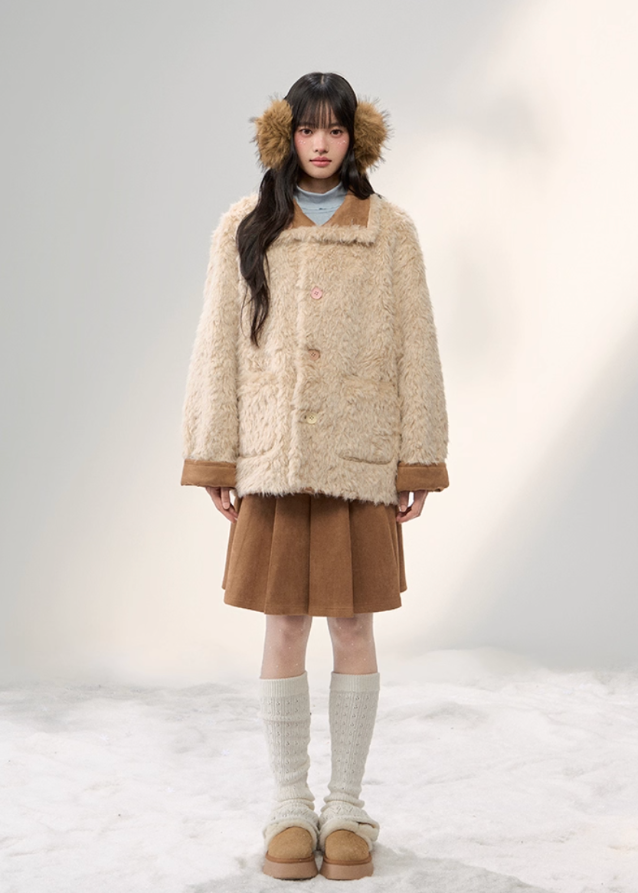 sweet suede patchwork coat, fluffy panel lapel jacket, colorful buckle coat, Korean girly outerwear, AW suede lapel coat, umoumo aesthetic coat, mid-length soft jacket, feminine winter coat, suede and fluff patchwork, cute Korean winter fashion, pastel soft outerwear, warm winter lapel coat, trendy patchwork jacket, Fragileheart soft mood, cozy girly mid-length coat, Korean cute daily outerwear, suede winter jacket girl