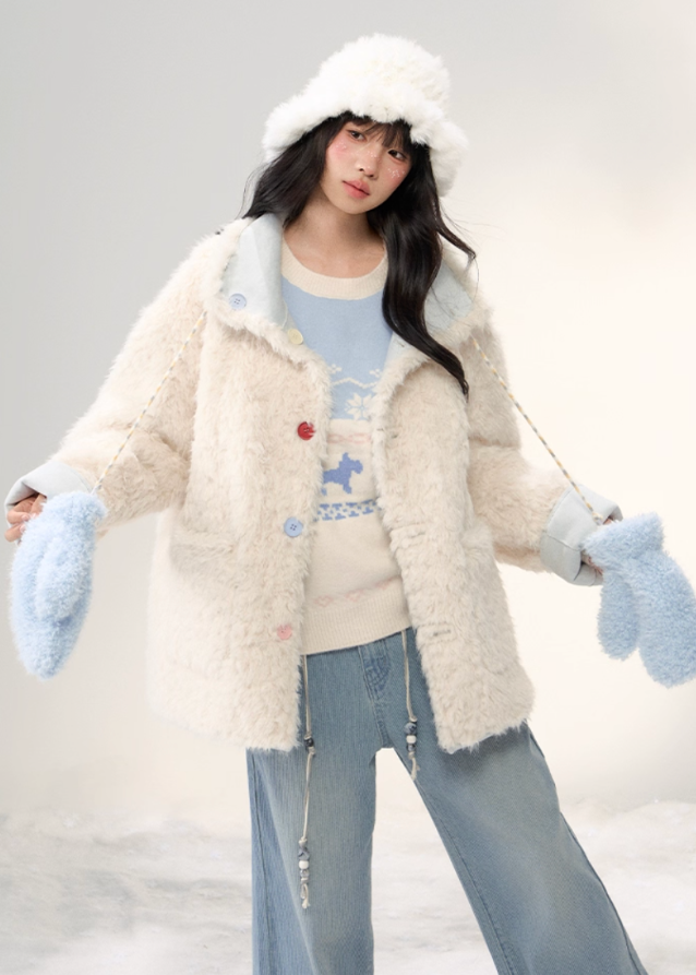 sweet suede patchwork coat, fluffy panel lapel jacket, colorful buckle coat, Korean girly outerwear, AW suede lapel coat, umoumo aesthetic coat, mid-length soft jacket, feminine winter coat, suede and fluff patchwork, cute Korean winter fashion, pastel soft outerwear, warm winter lapel coat, trendy patchwork jacket, Fragileheart soft mood, cozy girly mid-length coat, Korean cute daily outerwear, suede winter jacket girl