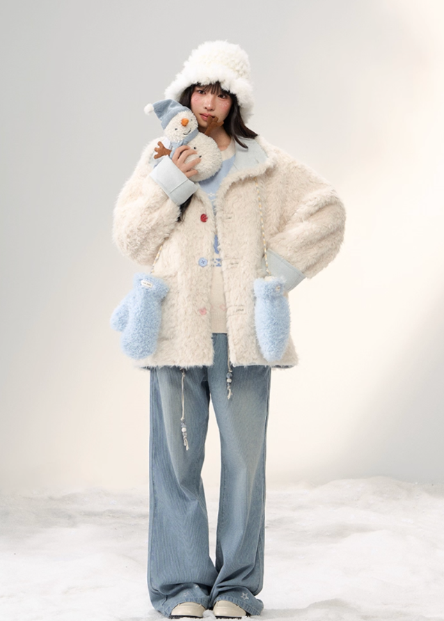 sweet suede patchwork coat, fluffy panel lapel jacket, colorful buckle coat, Korean girly outerwear, AW suede lapel coat, umoumo aesthetic coat, mid-length soft jacket, feminine winter coat, suede and fluff patchwork, cute Korean winter fashion, pastel soft outerwear, warm winter lapel coat, trendy patchwork jacket, Fragileheart soft mood, cozy girly mid-length coat, Korean cute daily outerwear, suede winter jacket girl