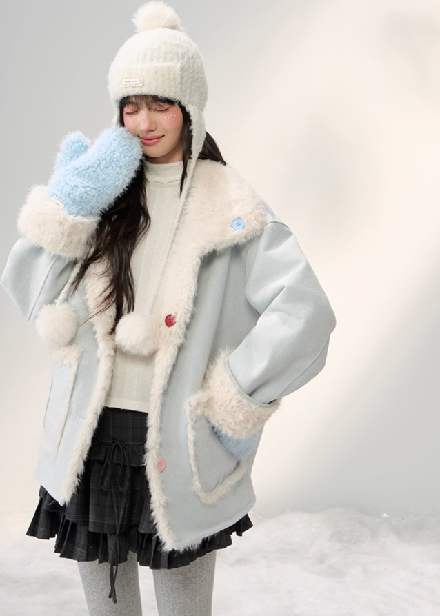 sweet suede patchwork coat, fluffy panel lapel jacket, colorful buckle coat, Korean girly outerwear, AW suede lapel coat, umoumo aesthetic coat, mid-length soft jacket, feminine winter coat, suede and fluff patchwork, cute Korean winter fashion, pastel soft outerwear, warm winter lapel coat, trendy patchwork jacket, Fragileheart soft mood, cozy girly mid-length coat, Korean cute daily outerwear, suede winter jacket girl