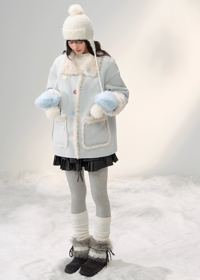 sweet suede patchwork coat, fluffy panel lapel jacket, colorful buckle coat, Korean girly outerwear, AW suede lapel coat, umoumo aesthetic coat, mid-length soft jacket, feminine winter coat, suede and fluff patchwork, cute Korean winter fashion, pastel soft outerwear, warm winter lapel coat, trendy patchwork jacket, Fragileheart soft mood, cozy girly mid-length coat, Korean cute daily outerwear, suede winter jacket girl