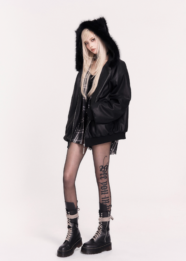 edgy leather jacket, cat ear hood bomber, VOCK dark streetwear, faux leather heavy jacket, punk fur collar hoodie, gothic cat ear coat, oversized black bomber, winter warm thick jacket, darkwear aesthetic, cyberpunk street jacket, grunge hooded outerwear, couple matching edgy jacket, warm padded leather jacket, VOCK brand style, fierce street fashion, gothic winter coat, punk girl jacket, hooded faux fur bomber