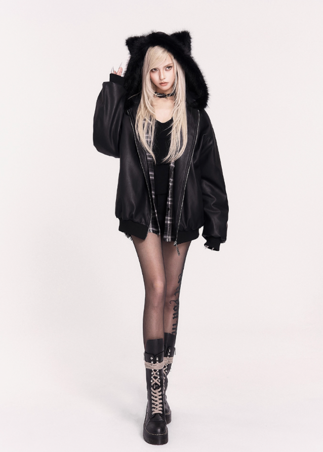 edgy leather jacket, cat ear hood bomber, VOCK dark streetwear, faux leather heavy jacket, punk fur collar hoodie, gothic cat ear coat, oversized black bomber, winter warm thick jacket, darkwear aesthetic, cyberpunk street jacket, grunge hooded outerwear, couple matching edgy jacket, warm padded leather jacket, VOCK brand style, fierce street fashion, gothic winter coat, punk girl jacket, hooded faux fur bomber