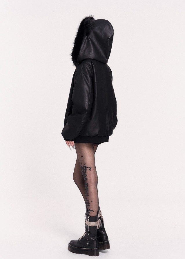 edgy leather jacket, cat ear hood bomber, VOCK dark streetwear, faux leather heavy jacket, punk fur collar hoodie, gothic cat ear coat, oversized black bomber, winter warm thick jacket, darkwear aesthetic, cyberpunk street jacket, grunge hooded outerwear, couple matching edgy jacket, warm padded leather jacket, VOCK brand style, fierce street fashion, gothic winter coat, punk girl jacket, hooded faux fur bomber