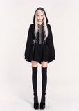 gothic hooded dress, witchcore hoodie dress, VOCK dark streetwear, corset waist dress, slimming black A-line dress, dark witch long sleeve hoodie, edgy gothic mini dress, punk waist cinch dress, witch aesthetic clothing, hooded corset dress, black witch dress, dark feminine street style, cyber goth dress, techwear witch outfit, VOCK aesthetic dress, waist slimming hoodie dress, gothic cosplay daily wear