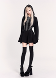 gothic hooded dress, witchcore hoodie dress, VOCK dark streetwear, corset waist dress, slimming black A-line dress, dark witch long sleeve hoodie, edgy gothic mini dress, punk waist cinch dress, witch aesthetic clothing, hooded corset dress, black witch dress, dark feminine street style, cyber goth dress, techwear witch outfit, VOCK aesthetic dress, waist slimming hoodie dress, gothic cosplay daily wear