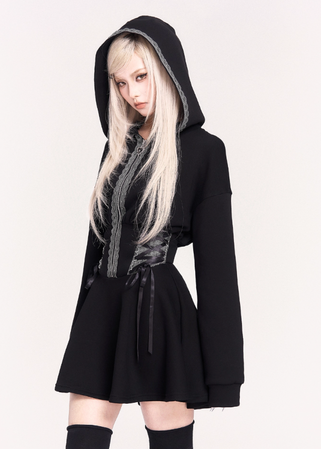 gothic hooded dress, witchcore hoodie dress, VOCK dark streetwear, corset waist dress, slimming black A-line dress, dark witch long sleeve hoodie, edgy gothic mini dress, punk waist cinch dress, witch aesthetic clothing, hooded corset dress, black witch dress, dark feminine street style, cyber goth dress, techwear witch outfit, VOCK aesthetic dress, waist slimming hoodie dress, gothic cosplay daily wear