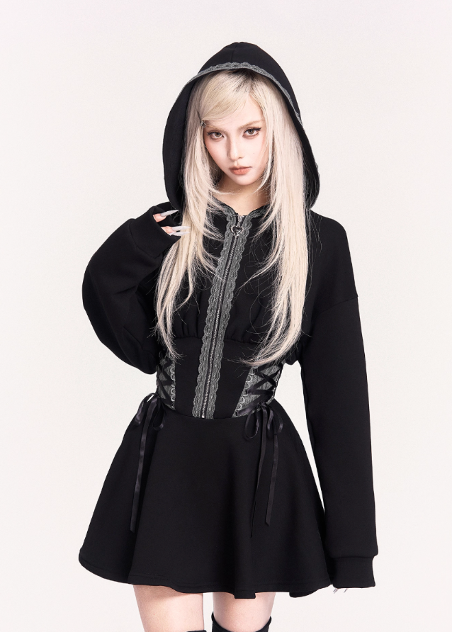 gothic hooded dress, witchcore hoodie dress, VOCK dark streetwear, corset waist dress, slimming black A-line dress, dark witch long sleeve hoodie, edgy gothic mini dress, punk waist cinch dress, witch aesthetic clothing, hooded corset dress, black witch dress, dark feminine street style, cyber goth dress, techwear witch outfit, VOCK aesthetic dress, waist slimming hoodie dress, gothic cosplay daily wear