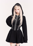 gothic hooded dress, witchcore hoodie dress, VOCK dark streetwear, corset waist dress, slimming black A-line dress, dark witch long sleeve hoodie, edgy gothic mini dress, punk waist cinch dress, witch aesthetic clothing, hooded corset dress, black witch dress, dark feminine street style, cyber goth dress, techwear witch outfit, VOCK aesthetic dress, waist slimming hoodie dress, gothic cosplay daily wear