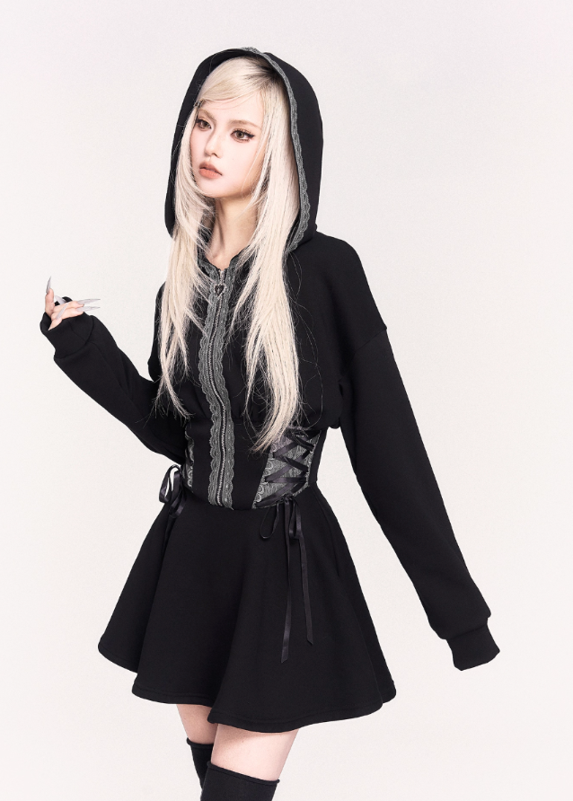 gothic hooded dress, witchcore hoodie dress, VOCK dark streetwear, corset waist dress, slimming black A-line dress, dark witch long sleeve hoodie, edgy gothic mini dress, punk waist cinch dress, witch aesthetic clothing, hooded corset dress, black witch dress, dark feminine street style, cyber goth dress, techwear witch outfit, VOCK aesthetic dress, waist slimming hoodie dress, gothic cosplay daily wear