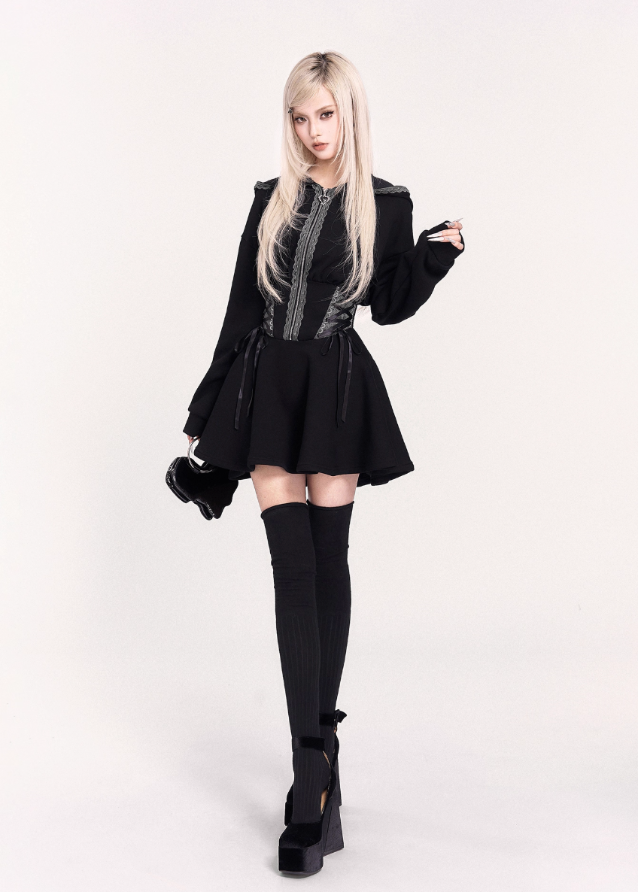 gothic hooded dress, witchcore hoodie dress, VOCK dark streetwear, corset waist dress, slimming black A-line dress, dark witch long sleeve hoodie, edgy gothic mini dress, punk waist cinch dress, witch aesthetic clothing, hooded corset dress, black witch dress, dark feminine street style, cyber goth dress, techwear witch outfit, VOCK aesthetic dress, waist slimming hoodie dress, gothic cosplay daily wear