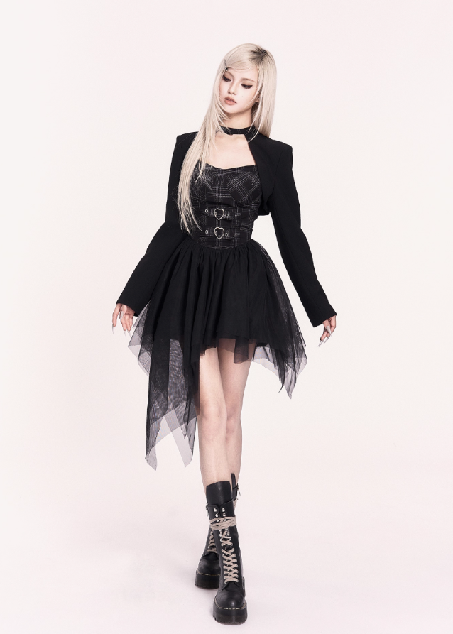 punk mesh dress, gothic asymmetrical dress, cross back gothic coat, VOCK punk outfit set, irregular mesh puffy dress, edgy rock band style dress, dark streetwear dress set, gothic punk short coat, black mesh layered dress, grunge girl outfit, punk gothic fashion, cross emblem jacket, VOCK aesthetic clothing, irregular hem dress, alternative streetwear outfit, punk rock girl dress, mesh punk dress set, dark grunge mini dress, gothic fashion set
