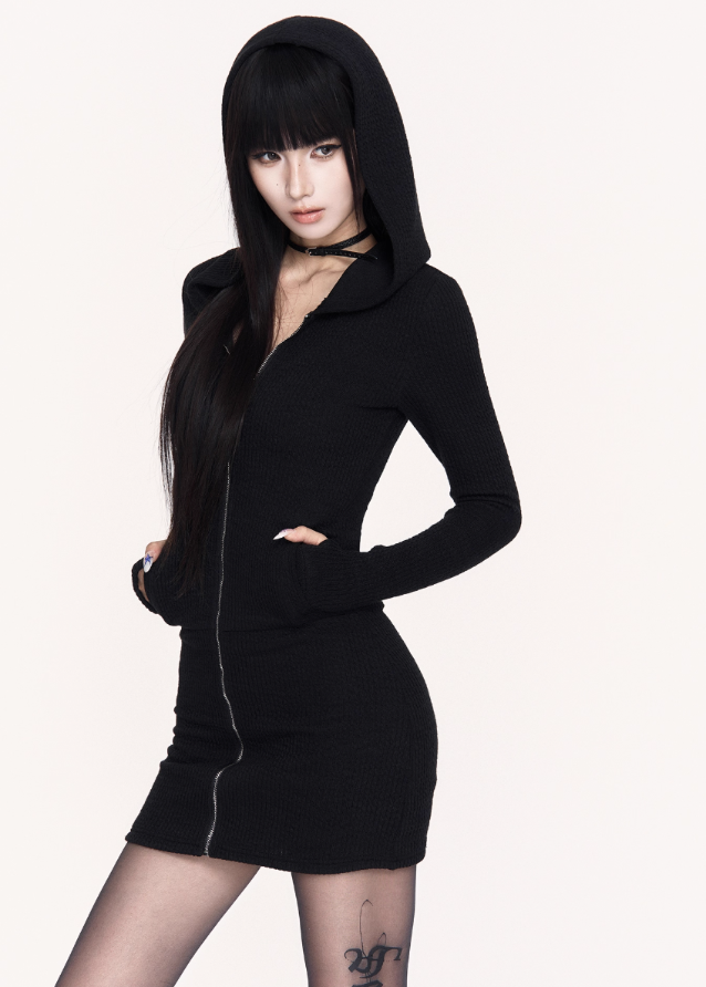 black hooded bodycon dress, gothic hood mini dress, dark streetwear dress, VOCK slim fit dress, punk girl hooded outfit, assassin style mini dress, hip-hugging black dress, edgy street girl fashion, hooded sweatshirt dress, gothic minimal dress, cyber goth mini dress, slimming hood dress, black tight mini dress, dark femme street style, VOCK aesthetic clothing, punk hood base skirt, sleek gothic dress, spicy girl black dress, streetcore hooded mini