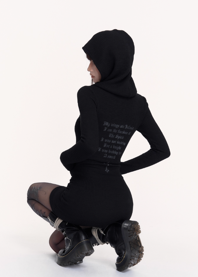 black hooded bodycon dress, gothic hood mini dress, dark streetwear dress, VOCK slim fit dress, punk girl hooded outfit, assassin style mini dress, hip-hugging black dress, edgy street girl fashion, hooded sweatshirt dress, gothic minimal dress, cyber goth mini dress, slimming hood dress, black tight mini dress, dark femme street style, VOCK aesthetic clothing, punk hood base skirt, sleek gothic dress, spicy girl black dress, streetcore hooded mini