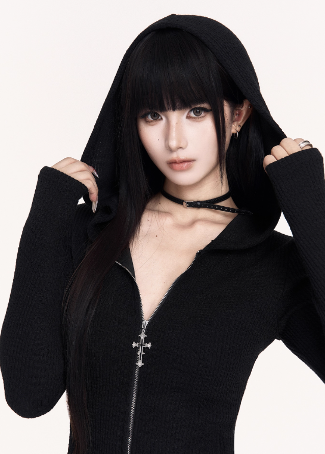 black hooded bodycon dress, gothic hood mini dress, dark streetwear dress, VOCK slim fit dress, punk girl hooded outfit, assassin style mini dress, hip-hugging black dress, edgy street girl fashion, hooded sweatshirt dress, gothic minimal dress, cyber goth mini dress, slimming hood dress, black tight mini dress, dark femme street style, VOCK aesthetic clothing, punk hood base skirt, sleek gothic dress, spicy girl black dress, streetcore hooded mini
