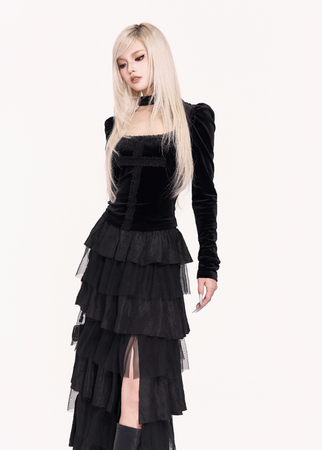 gothic lace patchwork top, dark square neck blouse, cross detail gothic top, velvet gothic puff sleeve top, VOCK dark romantic style, black lace gothic fashion, gothic aristocrat top, punk gothic blouse, dark street gothwear, square neck velvet top, black cross patch top, gothic puff sleeve shirt, feminine darkwear, VOCK aesthetic clothing, gothic lace velvet top, midnight gothic blouse, elegant dark goth style, gothic girl outfit top