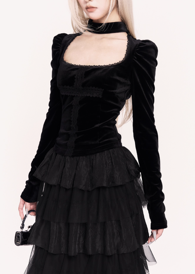 gothic lace patchwork top, dark square neck blouse, cross detail gothic top, velvet gothic puff sleeve top, VOCK dark romantic style, black lace gothic fashion, gothic aristocrat top, punk gothic blouse, dark street gothwear, square neck velvet top, black cross patch top, gothic puff sleeve shirt, feminine darkwear, VOCK aesthetic clothing, gothic lace velvet top, midnight gothic blouse, elegant dark goth style, gothic girl outfit top